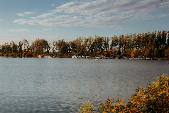 Panorama tepi danau di cagar alam Tikvara, lanskap danau pada sore musim gugur