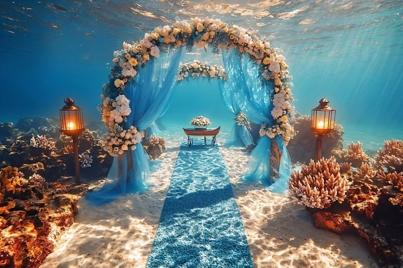 Arche de mariage avec des fleurs et des rideaux bleus au récif de corail tropical sablonneux, graphique d’une cérémonie de mariage romantique avec arche florale sous-marine