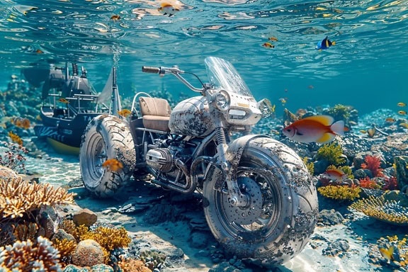 Futuristic tricycle at the bottom of the sea among tropical corals, premium graphic of a motorcycle underwater