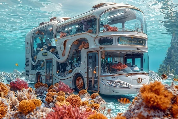 New age double decker bus under water at the bottom of the sea among coral reef, surreal explorational travel of the sea world