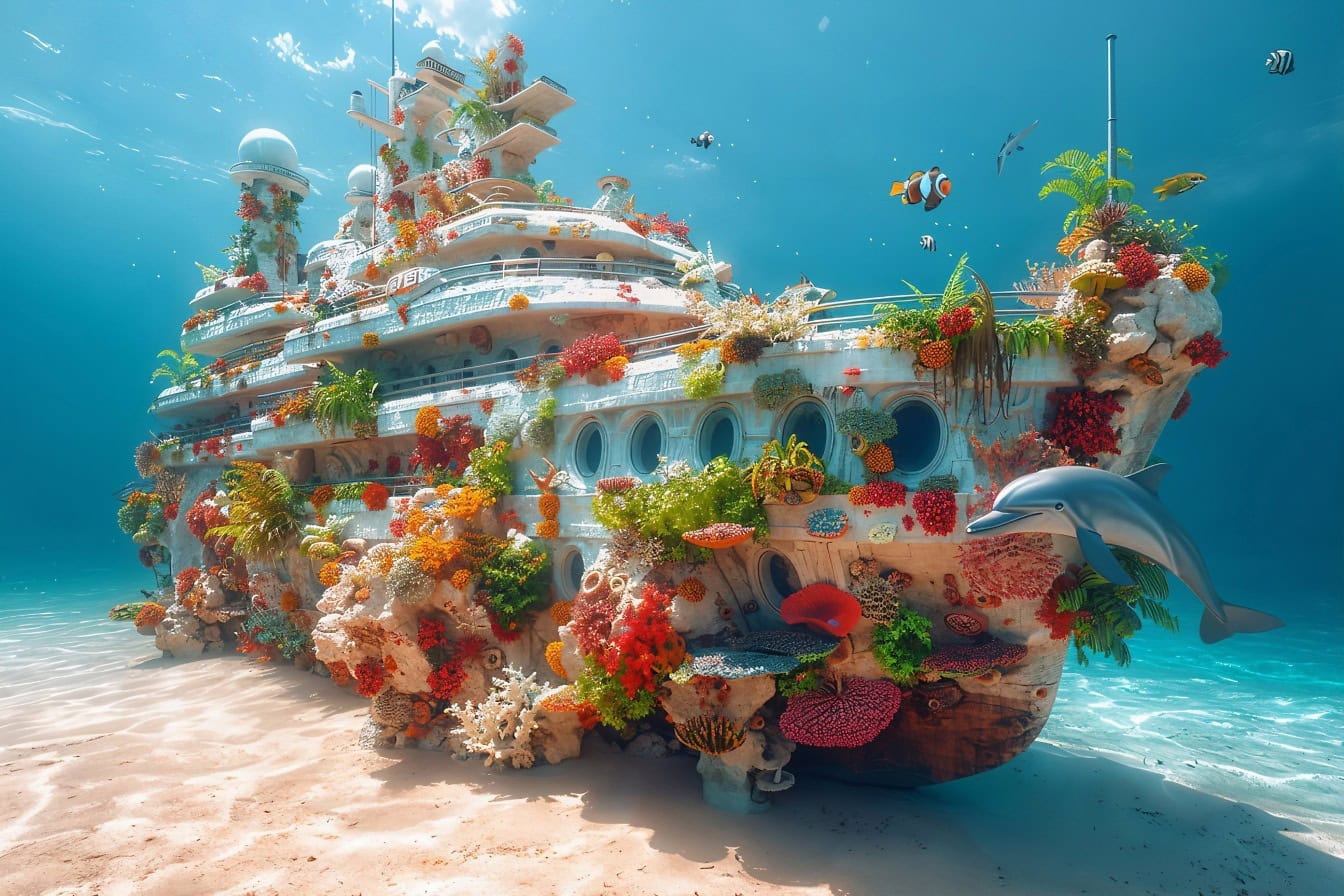 A surreal underwater journey on a yacht covered in corals at the bottom of the sea, a sunken ship surrounded by fish and dolphin