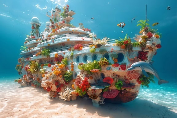 A surreal underwater journey on a yacht covered in corals at the bottom of the sea, a sunken ship surrounded by fish and dolphin