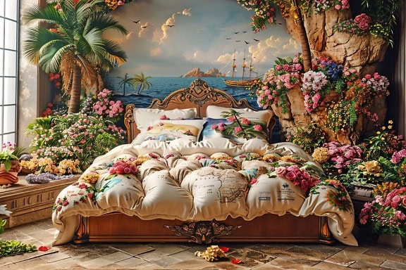 An old navy bedroom with king-size bed and nautical mural on the wall and with flowers and plants around bed