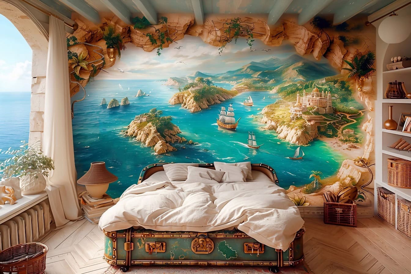 The concept of decorating the interior of the bedroom in a nautical style with a bed made of a large suitcase and with a navy mural on the wall