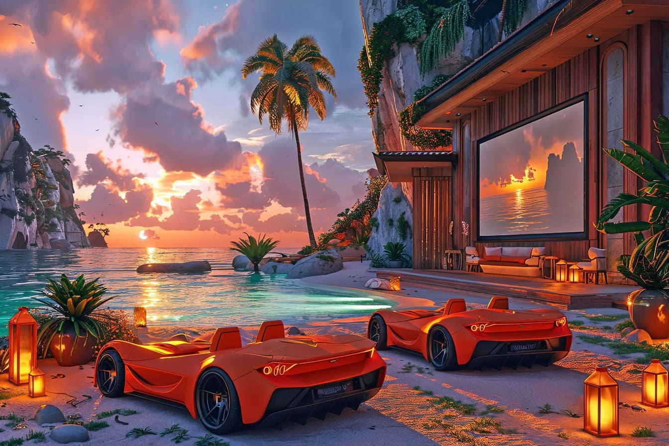 An outdoor cinema scene at beach at dusk with two orange sports cars parked next to a house with a cinema screen on the wall