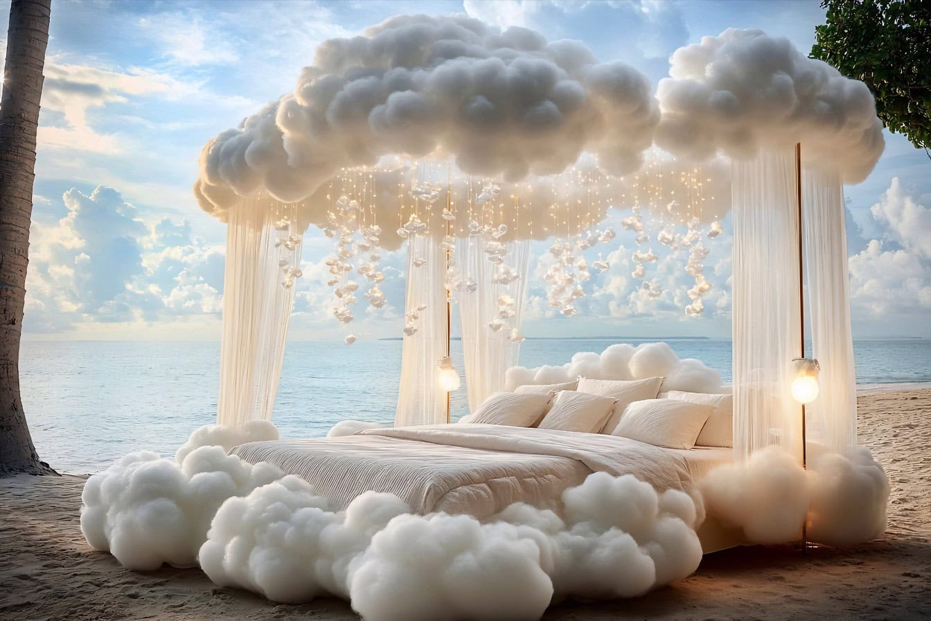 A dream king-size bed with clouds and lights, graphic of outdoor bedroom for beautiful dreams