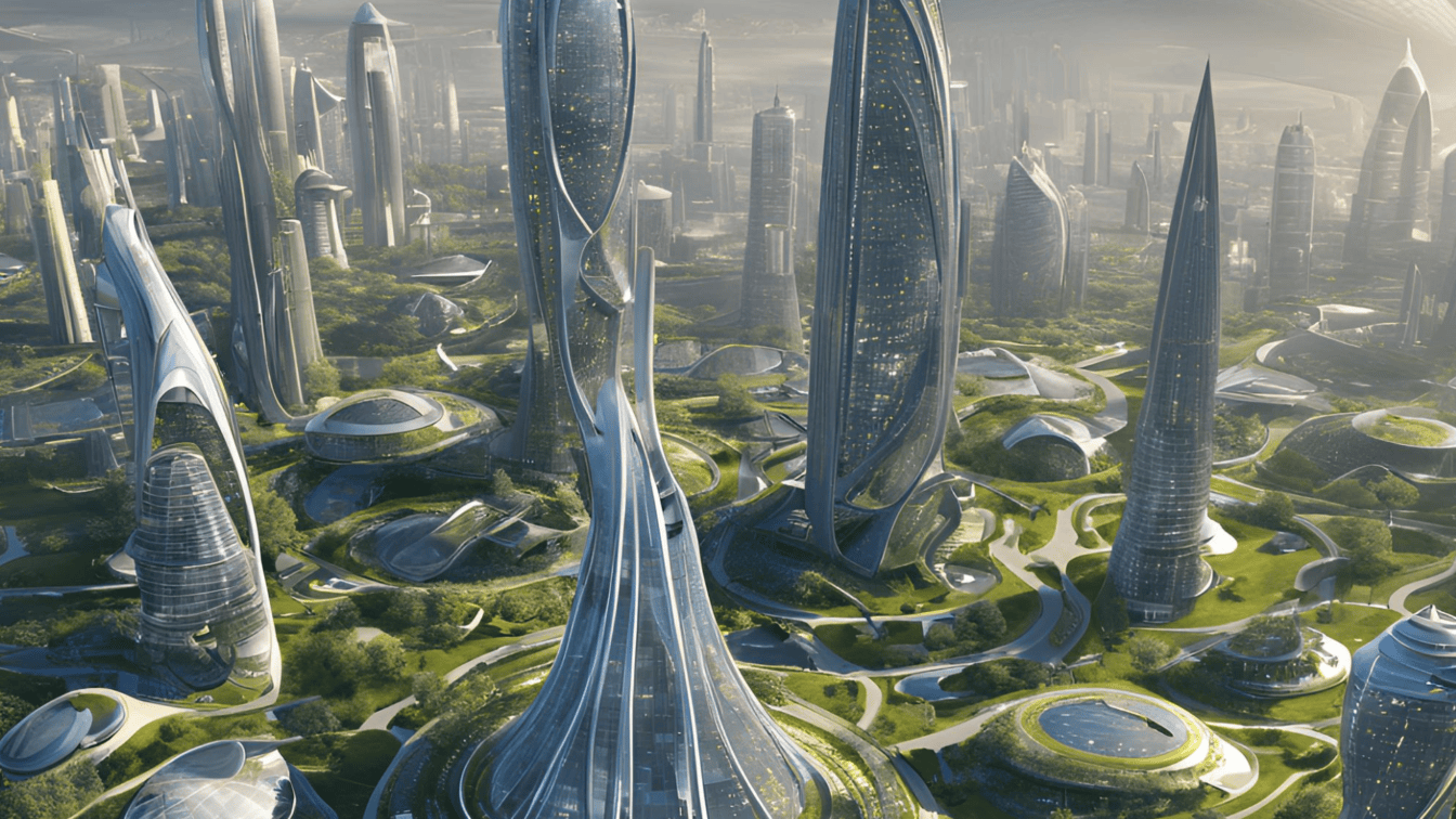 Gráfico digital en 3D de un paisaje urbano futurista o un asentamiento urbano posmoderno del futuro