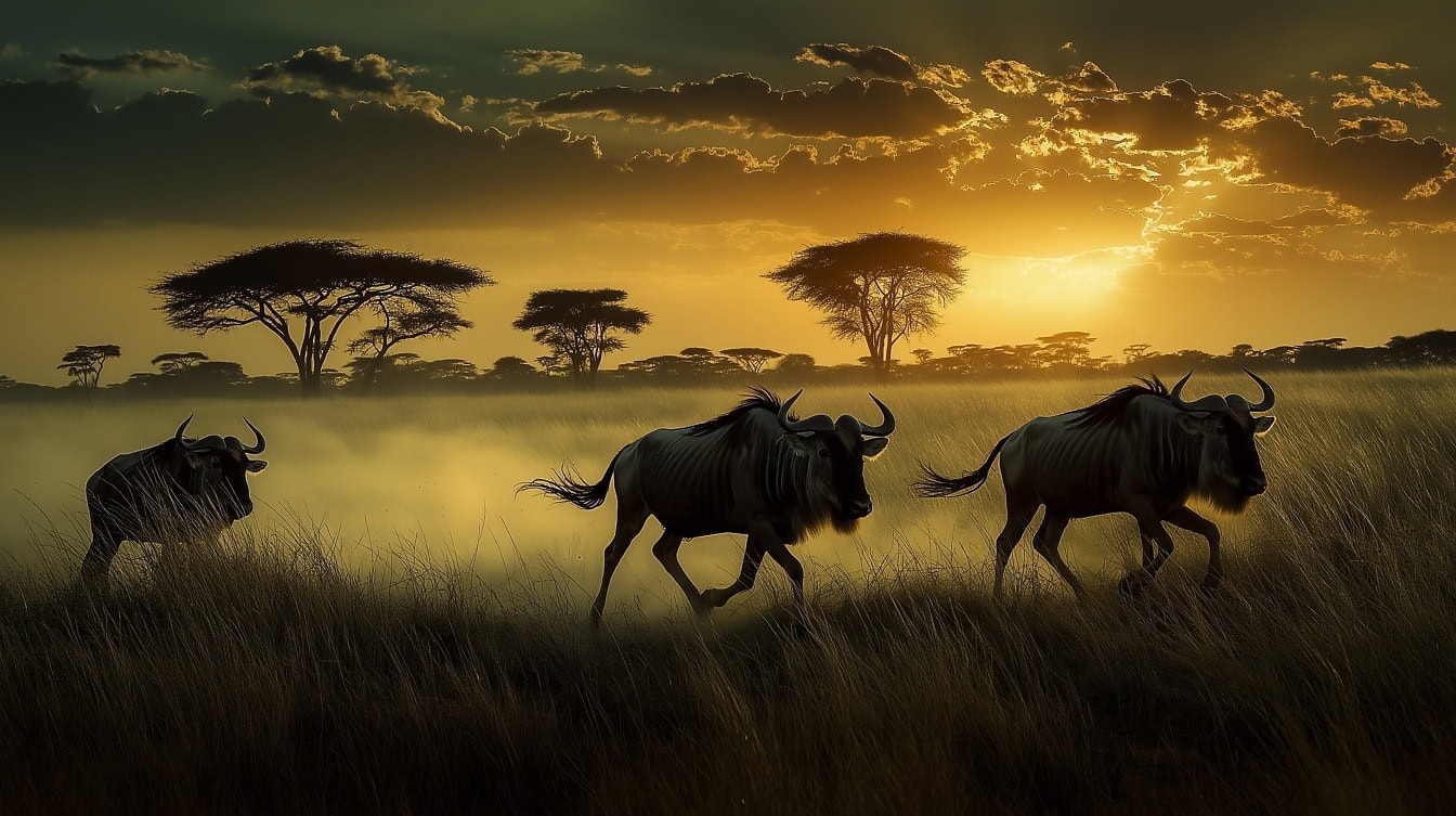 Un troupeau de gnous dans le Serengeti, un (Connochaetes taurinus) gnu ou un buffle sauvage courant dans un champ dans la savane africaine, Safari coucher de soleil