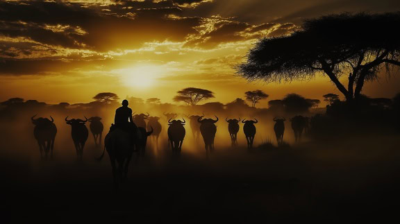 Silhouet van een herderpersoon die op een rug van buffels met kudde koeien bij de zonsondergang, Serengeti, Afrika berijdt