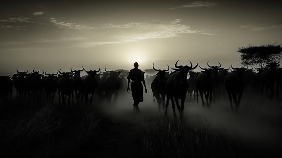 Foto en blanco y negro de la silueta de un pastor, un guardián de ganado caminando con un rebaño de vacas en los albores de la sabana africana