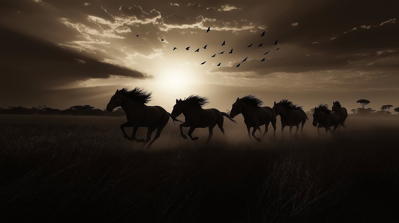 Foto monocromática de caballos salvajes corriendo en un campo al atardecer, siluetas de un mustangs salvaje