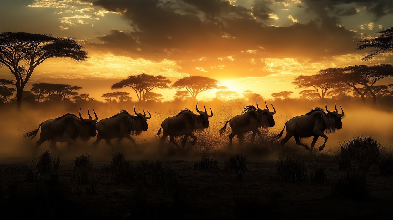 Un gruppo di gnu, bufali selvatici che corrono nella savana del Serengeti, un tramonto africano in safari