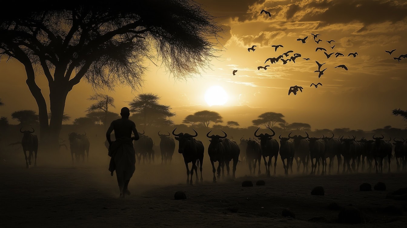 Soluppgång i Serengeti med en herde, en boskapsherde som går med en hjord bufflar i den afrikanska savannen, en safarigryning