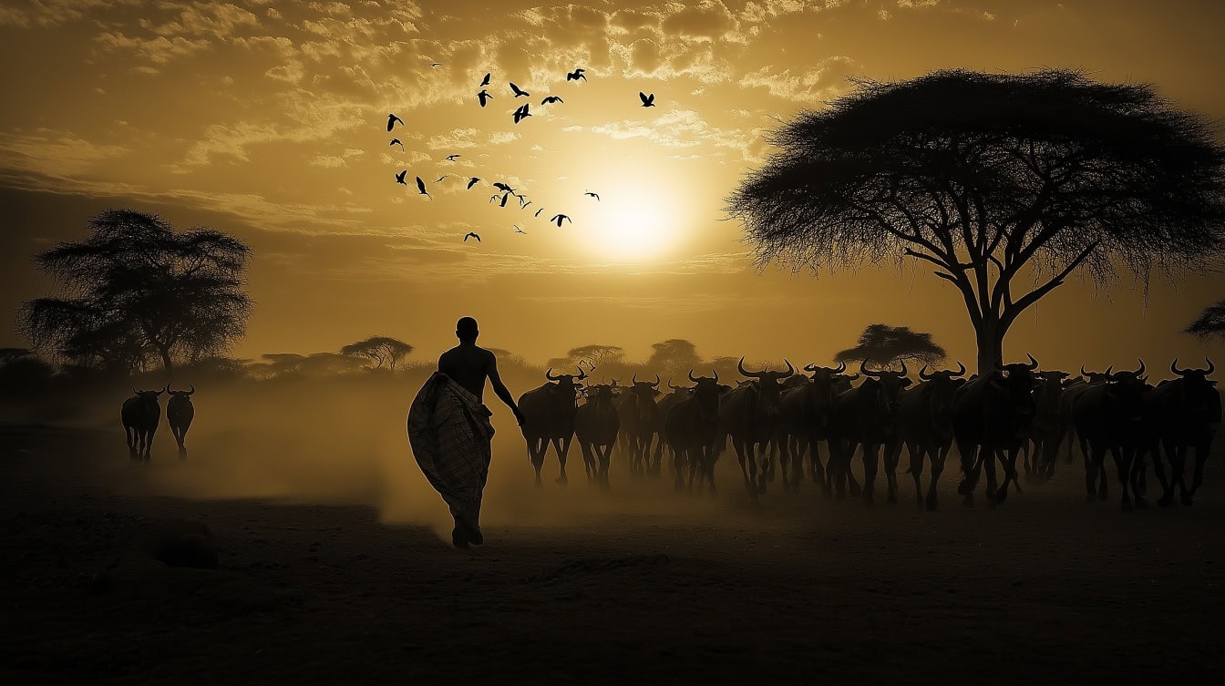 Silhouette of a man, the Serengeti shepherd walking with a herd of buffalo, a livestock herder in the African savannah, a Safari dawn