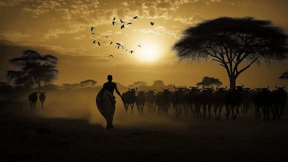 Siluet seorang pria, gembala Serengeti berjalan dengan kawanan kerbau, seorang penggembala ternak di sabana Afrika, fajar Safari