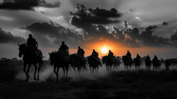 Silhouettes of group of people riding horses in the evening