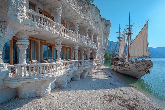 Hotel na pláži vytesaný z útesu s krásnou terasou vedle staré plachetnice zakotvené na mělčině, úžasná digitální fotomontáž