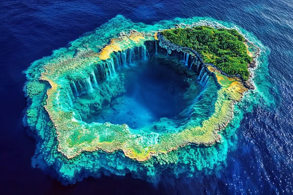 Eine Landschaft einer Vulkaninsel im Ozean mit einem Wasserfall, der in eine natürliche Grube fällt, erstaunliche Panorama-Luftlandschaft