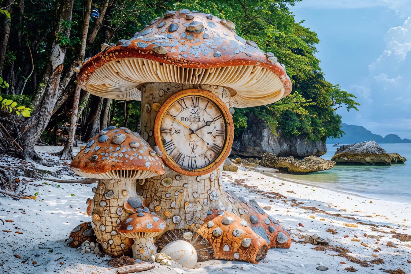 En eventyrlig magisk sopp med en analog klokke på på en strand