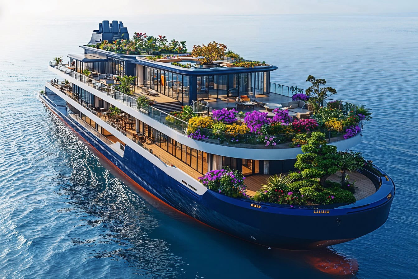 A luxury cruiser boat with flowers and garden on its decks