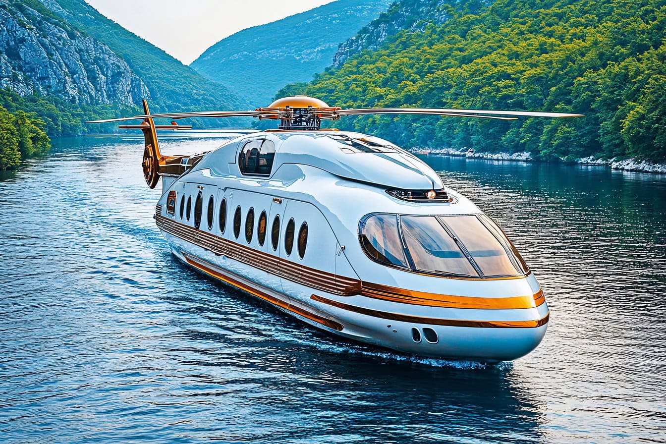 3D model graphic concept, a prototype of a superyacht-helicopter on the water, the future of travel