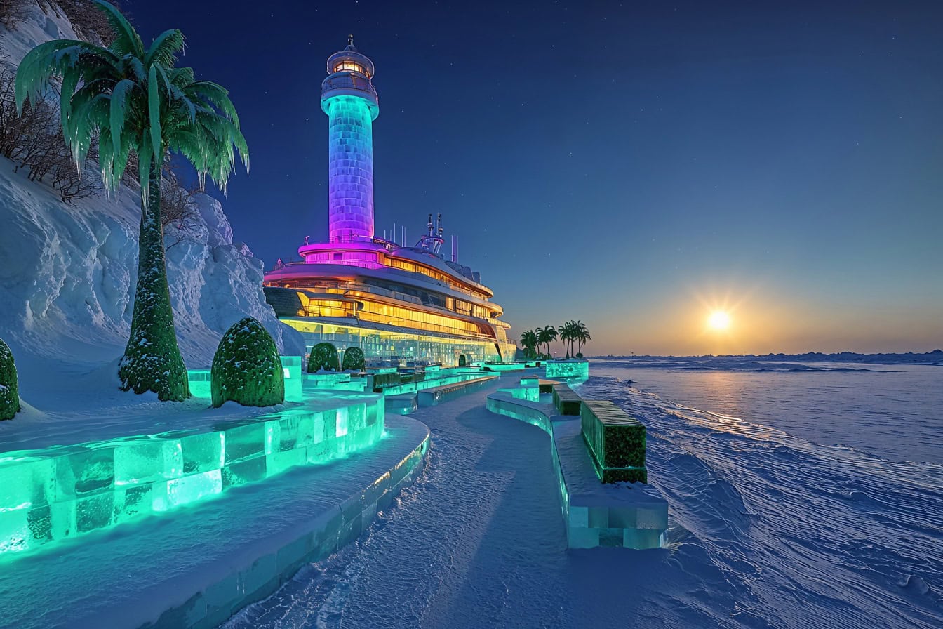 Una noche de invierno en la playa con un hotel de cinco estrellas en forma de barco con un faro iluminado por coloridas luces de neón