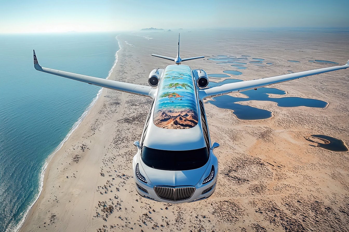 The future of luxury travel, the futuristic graphic concept of a limousine, a car-plane flying over the beach