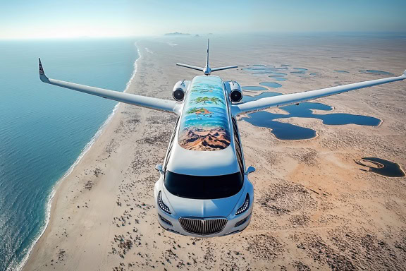 The future of luxury travel, the futuristic graphic concept of a limousine, a car-plane flying over the beach