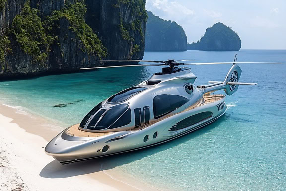 Superyacht-helicopter on the beach, the future of travel, the graphic concept of super vehicle