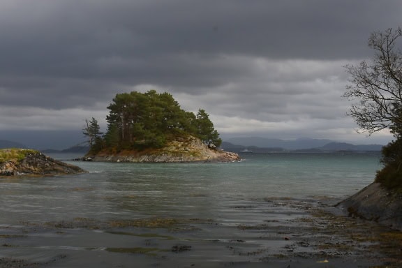 Uma paisagem com uma pequena ilha com árvores no meio da água, Leirvik, Noruega