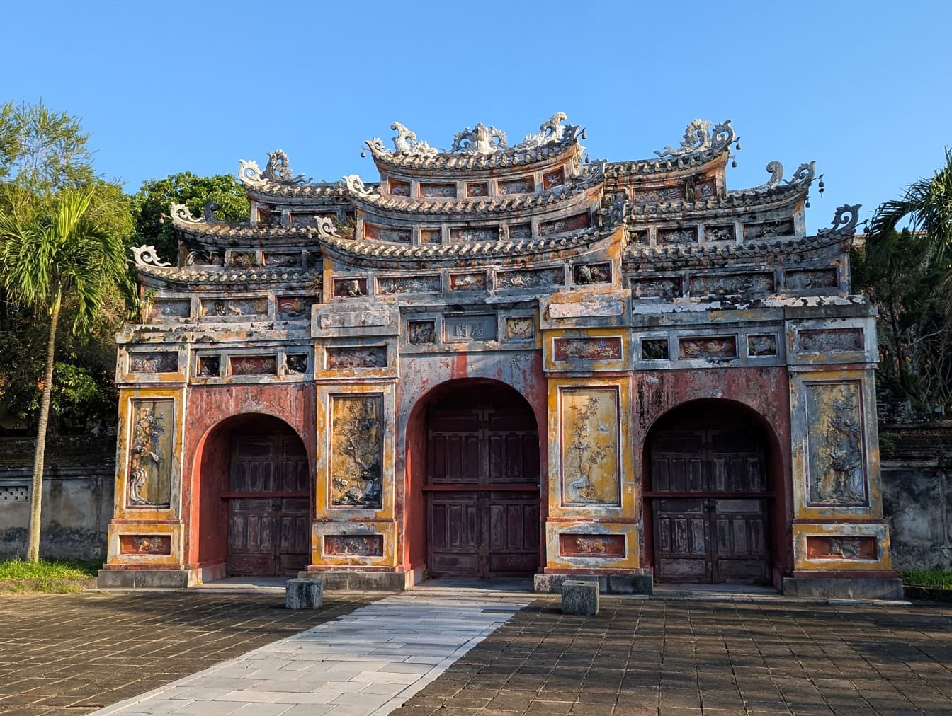 Main gate at the entrance of the imperial city in Hue, a walled fortress and palace and former capital of Vietnam, a UNESCO site and tourist attraction