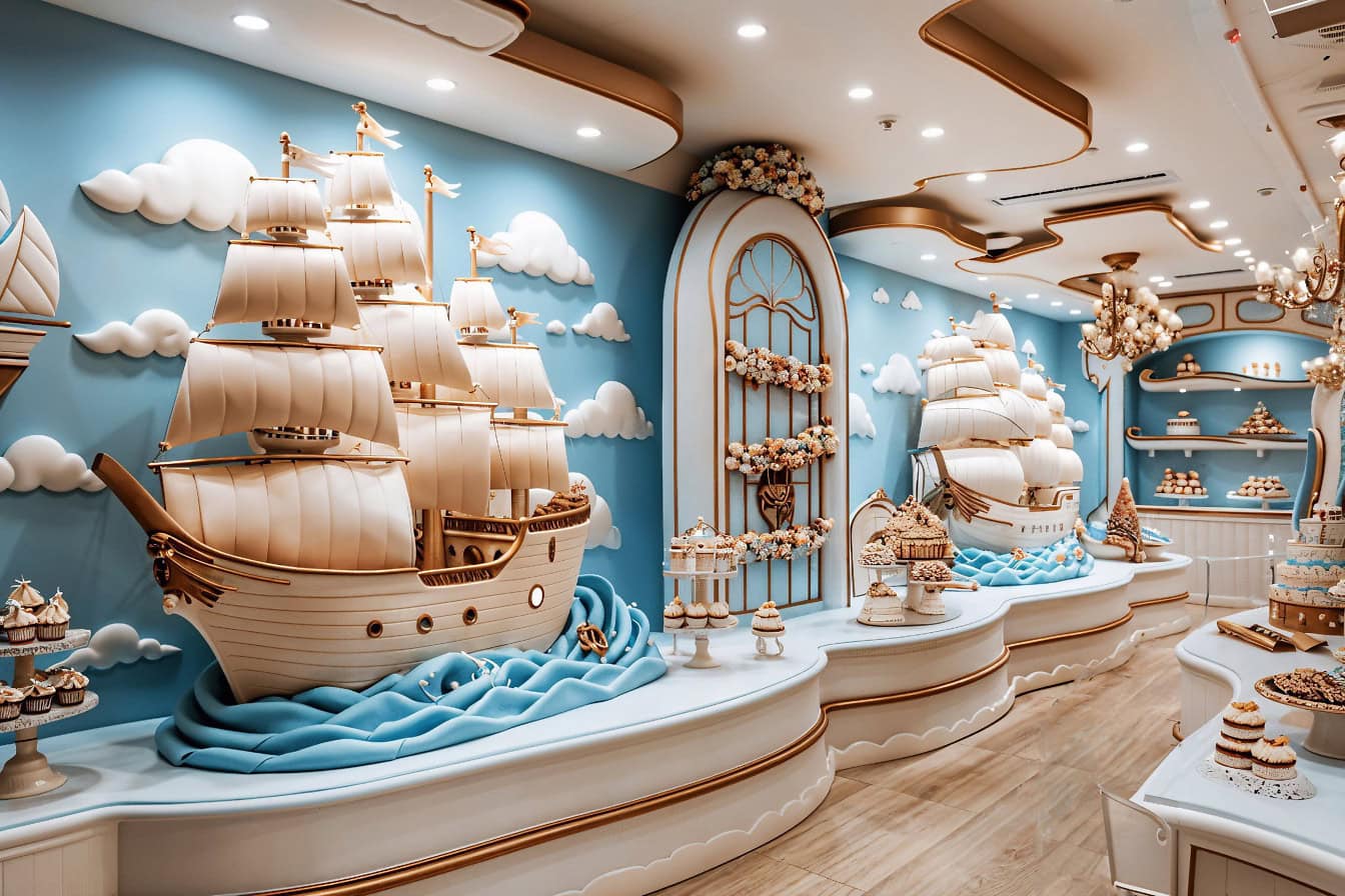 Concept graphique de l’intérieur d’une pâtisserie avec un gros gâteau en forme de voilier