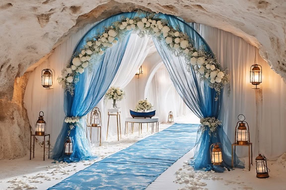 Wedding venue decoration with floral arch and blue carpet inside cave, a graphic illustration of interior design