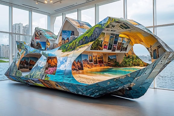 A modern big distorted shape sculpture with colorful postcards on it placed in empty apartment with modern big windows