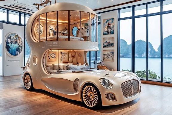 Bed in a shape of double decker car inside modern empty apartment