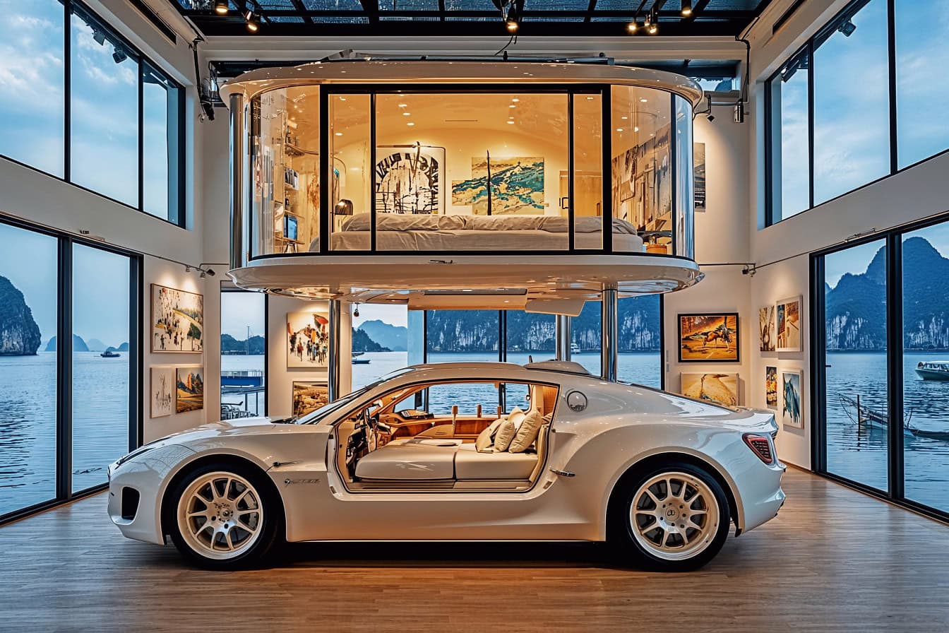 Une voiture coupé sport avec un lit à l’intérieur située dans un appartement moderne avec de grandes fenêtres sur la jetée