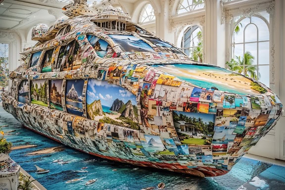 Digital 3D graphics illustrate a large sculpture in the shape of a yacht covered with colorful postcards in the lobby of the villa