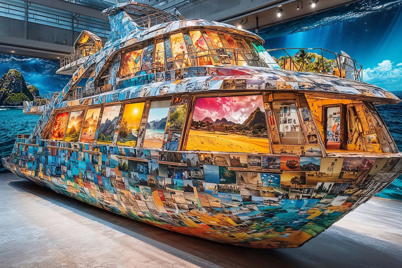 A colorful ship covered with postcards inside the room, creative digital 3D graphics