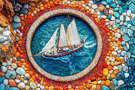 Amazing digital photomontage, a sailboat in a water inside colorful mosaic