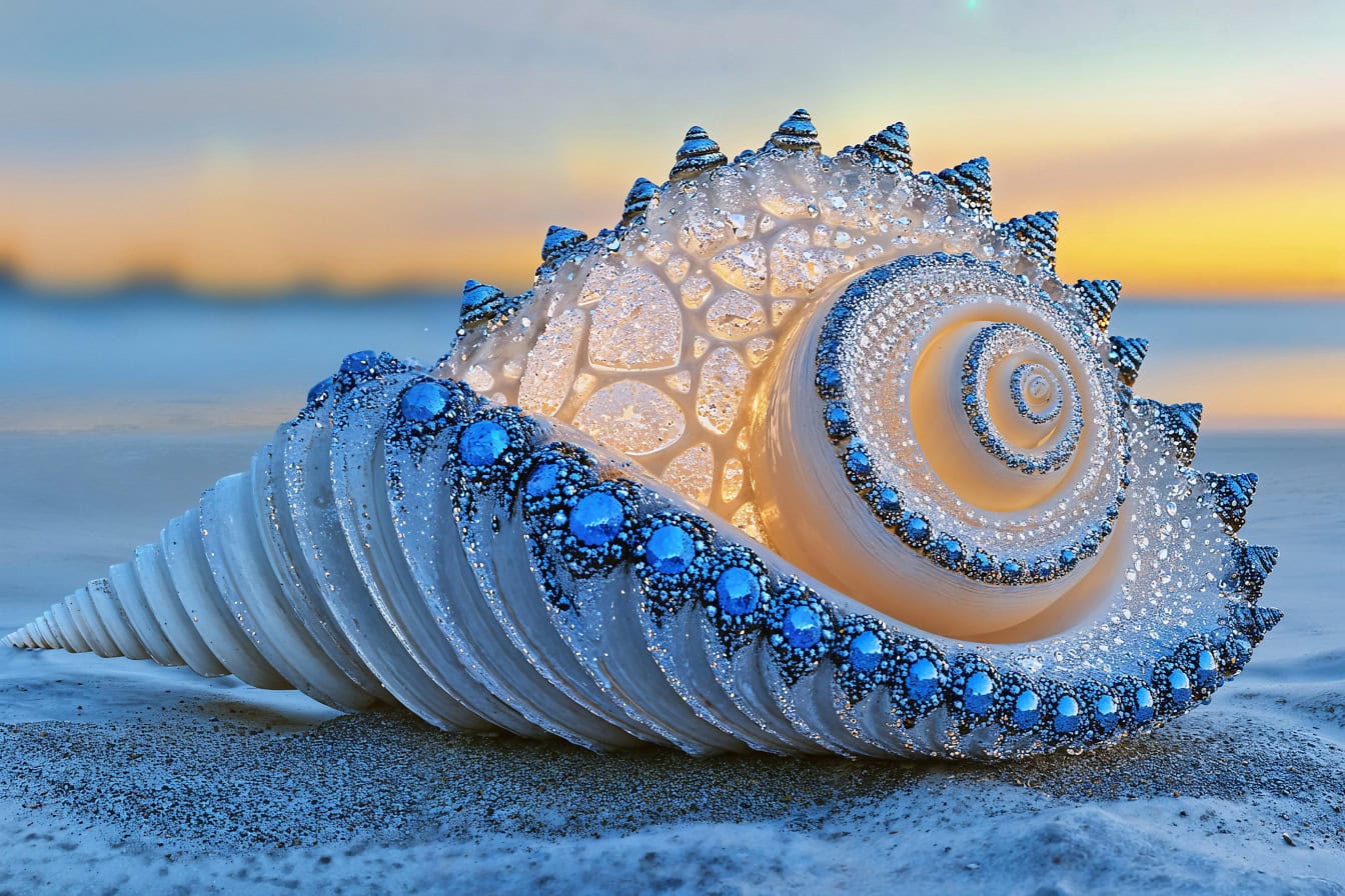 A beautiful seashell with blue and white crystals on the sand, a masterpiece of graphic design