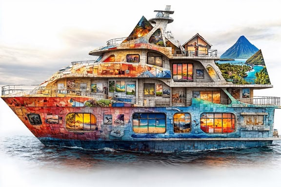 Multi-colored graphics of a ship decorated with beautiful pictures, creative and vivid digital photomontage