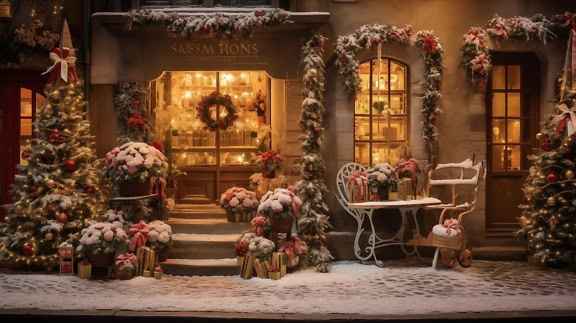 A store front of the shop with gifts with snowy Christmas decorations on the evening of New Year's Eve, a greeting card for Merry Christmas and a Happy New Year