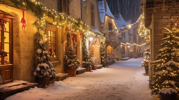 Szene einer verschneiten Straße am Abend mit Häusern, die mit Lichtern geschmückt sind, eine Retro-Grußkarte einer Weihnachtsnacht in einer kleinen Stadt