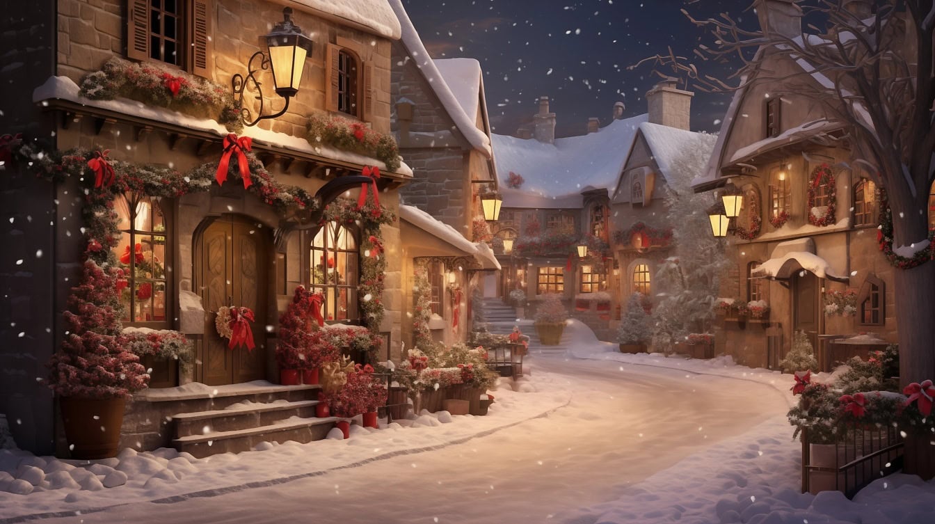 A scene of snow covered street with decorated houses and lights at Christmas Eve, a post card for best wishes for Christmas and New Year