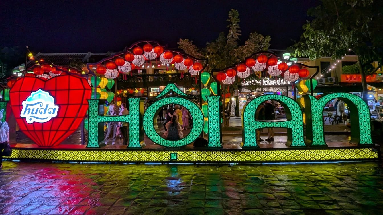 Lit up sign at night street festival in Hoi An a tourist attraction and UNESCO's World Heritage site in Quang Nam province, Vietnam