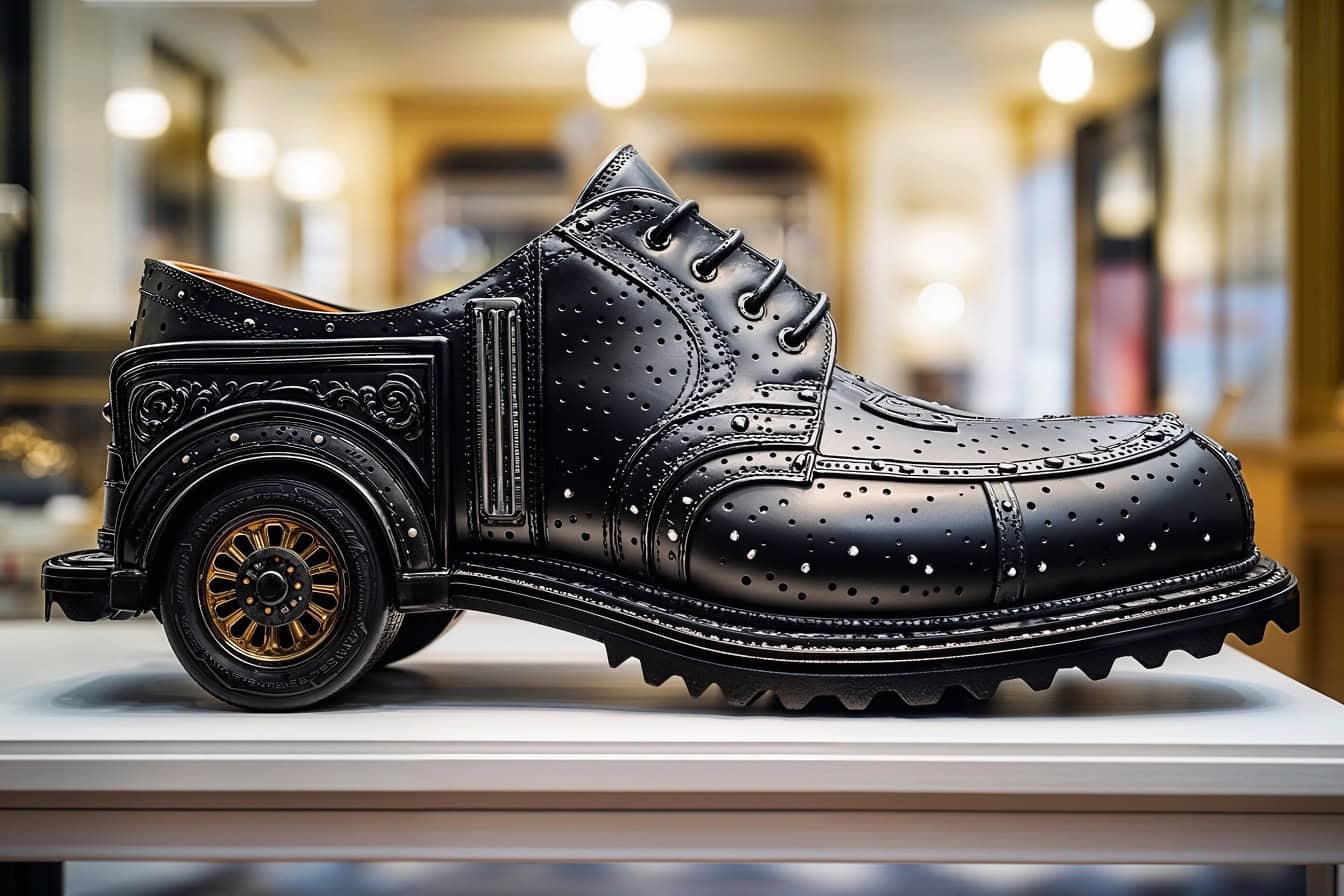 A spectacular design of black leather shoe with wheel in shoe bottom, an extravagant concept of a footwear