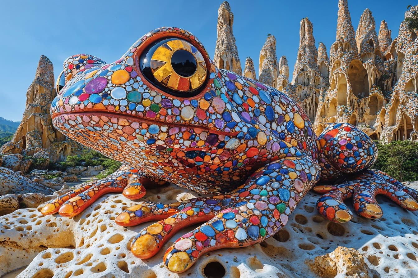 Colorful frog statue, a sculpture with mosaic with many different colored stones