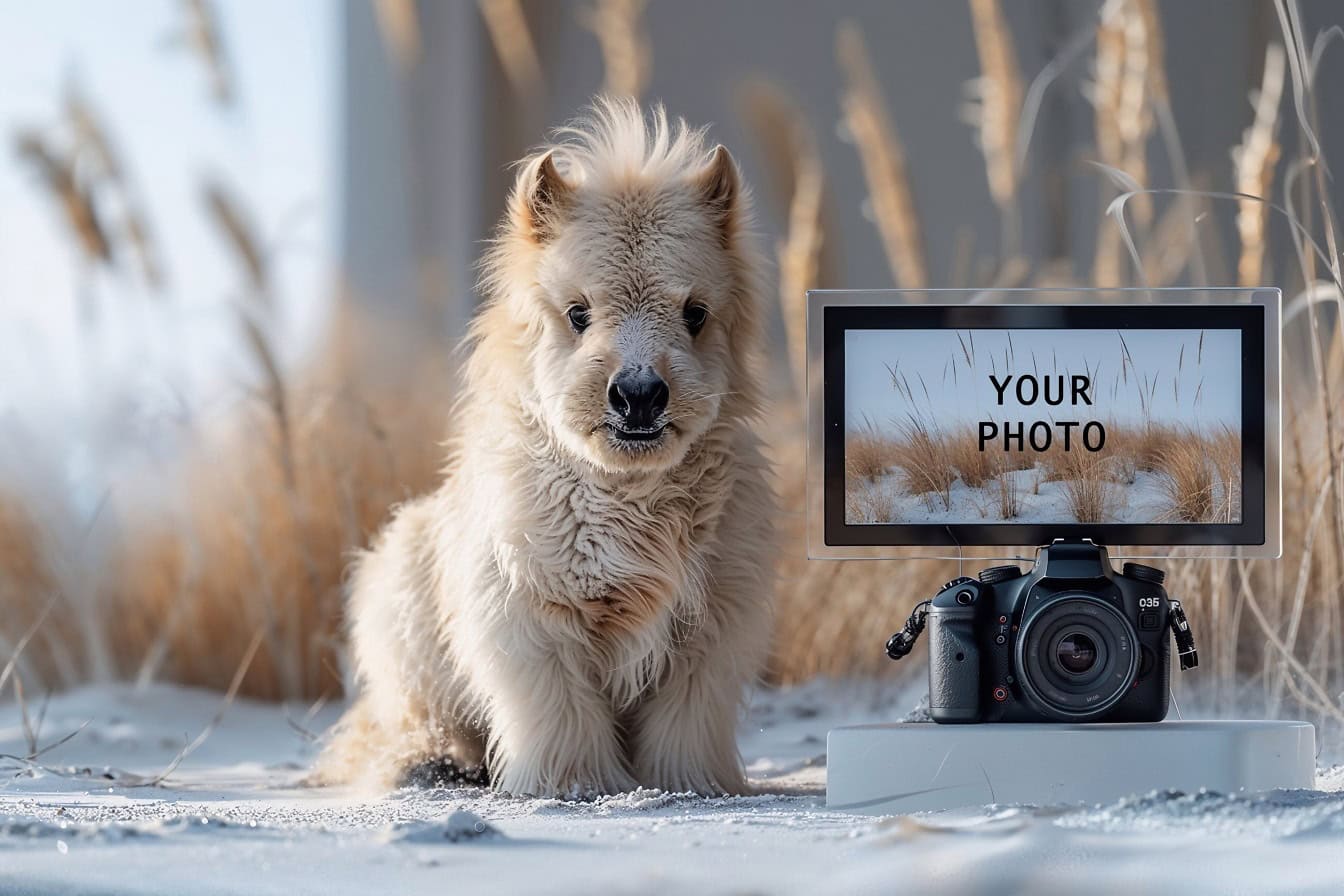 Adorable furry animal sitting next to a digital camera with a frame with an inscription of Your Photo