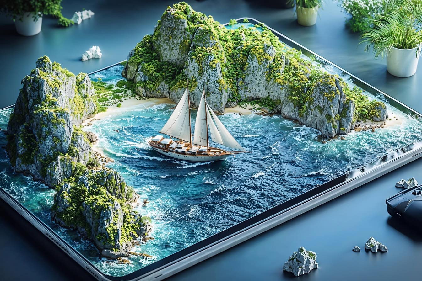 Un modelo realista en 3D de un velero en una tableta, una ficción cruzada entre el mundo real y el digital