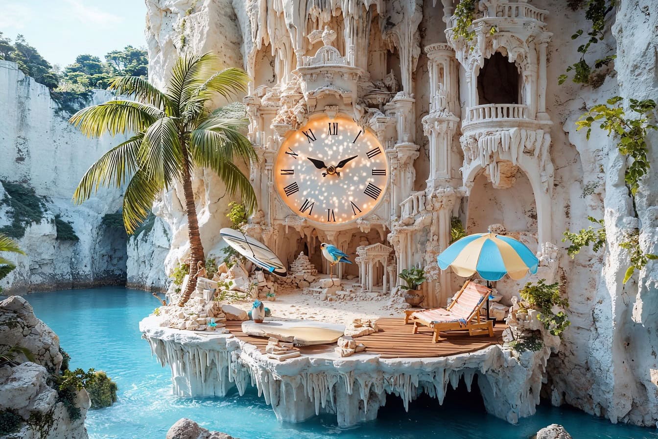 An extravagant place for summer holiday with analog clock placed on a rocky cliff above water, a spectacular and innovative photomontage